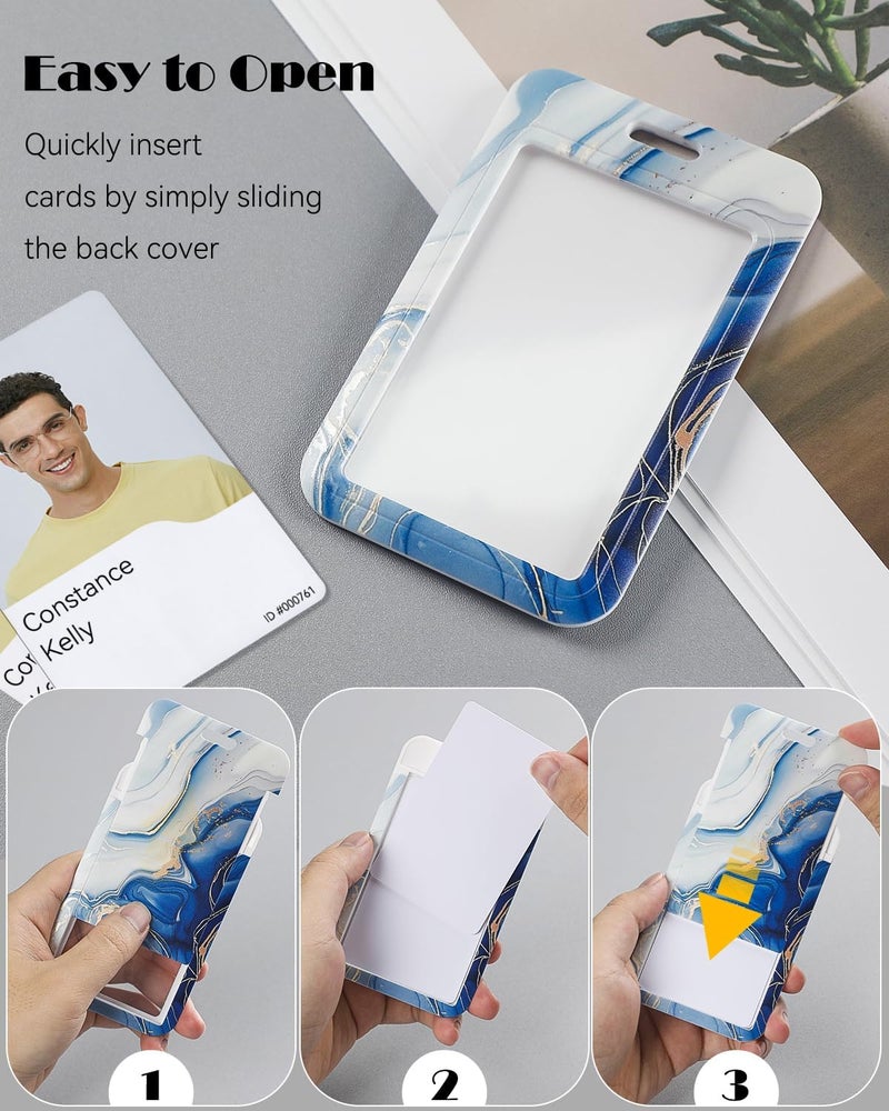 Uniclife Marbling Sliding Badge Holder Blue Marble Pattern Plastic Card Holder with Retractable Badge Reel Carabiner Detachable Lanyard Vertical Card Protector for Office Worker Nurse Teacher Student - Image 3